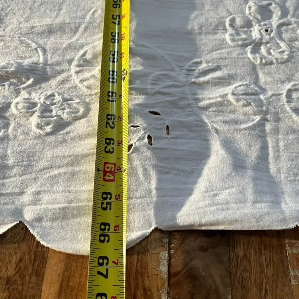 White Raised Floral Tablecloth 66 x 100 in Intricate Cutwork Scalloped Edge